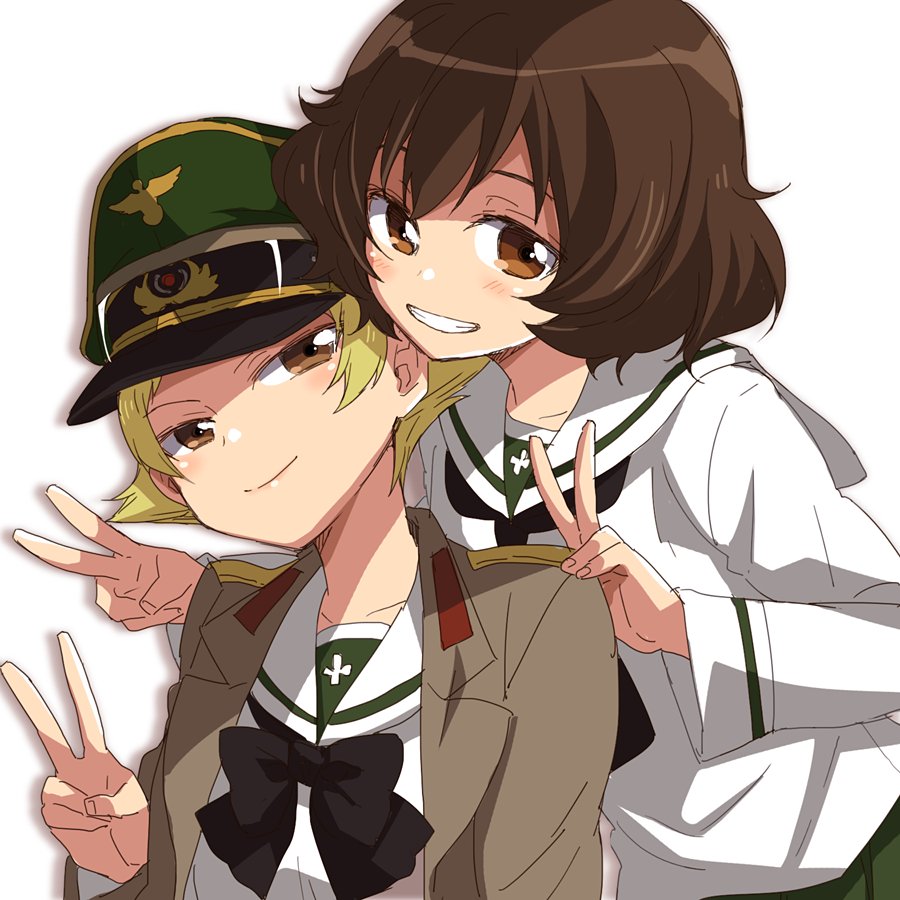 akiyama_yukari bangs behind_another black_neckwear blonde_hair bow bowtie brown_eyes brown_hair brown_jacket commentary double_v erwin_(girls_und_panzer) girls_und_panzer goggles goggles_on_headwear green_hat grin half-closed_eyes hands_on_another's_shoulders hat head_tilt jacket long_sleeves looking_at_viewer messy_hair military_hat military_jacket multiple_girls ooarai_school_uniform open_clothes open_jacket peaked_cap pointy_hair pose shadow short_hair smile sonasiz v white_background
