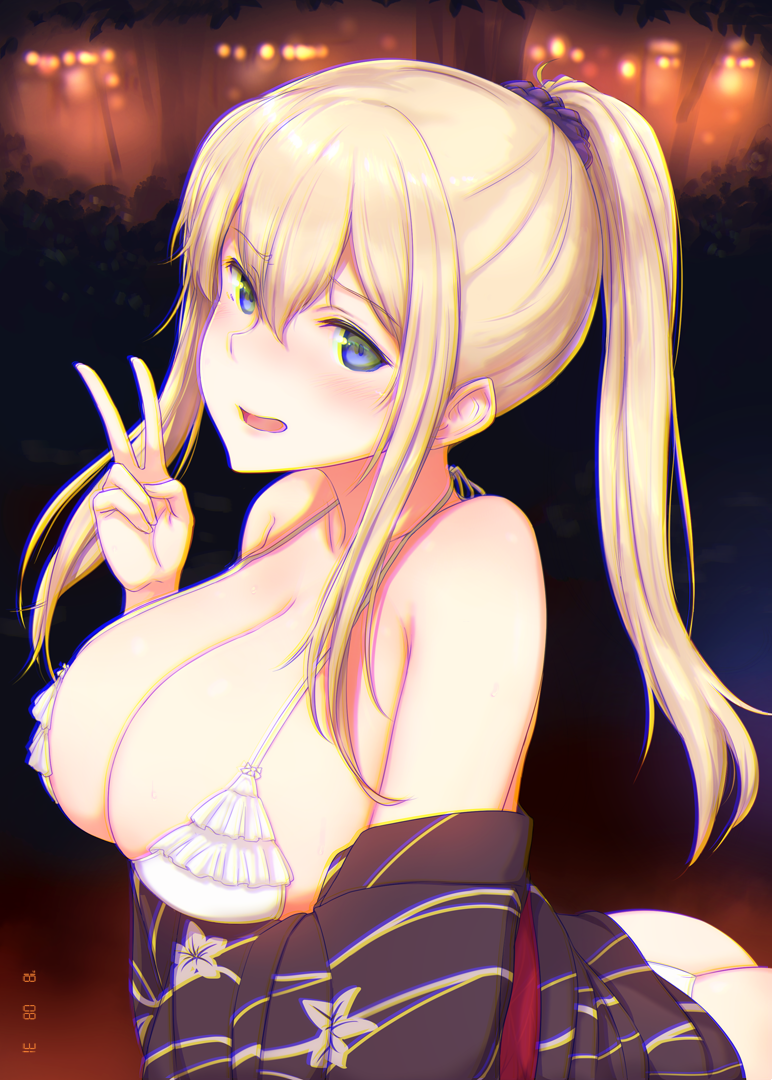 alternate_costume arm_across_waist ass bikini blonde_hair blue_eyes blush breasts chromatic_aberration clothes_lift commentary_request dated festival graf_zeppelin_(kantai_collection) hair_between_eyes hair_ornament hair_scrunchie hand_up japanese_clothes kantai_collection kimono kimono_lift kimono_pull lantern lantern_festival large_breasts long_hair looking_at_viewer night open_mouth osterei outdoors paper_lantern ponytail purple_kimono purple_scrunchie sash scrunchie sidelocks smile solo sweat swimsuit v white_bikini yukata