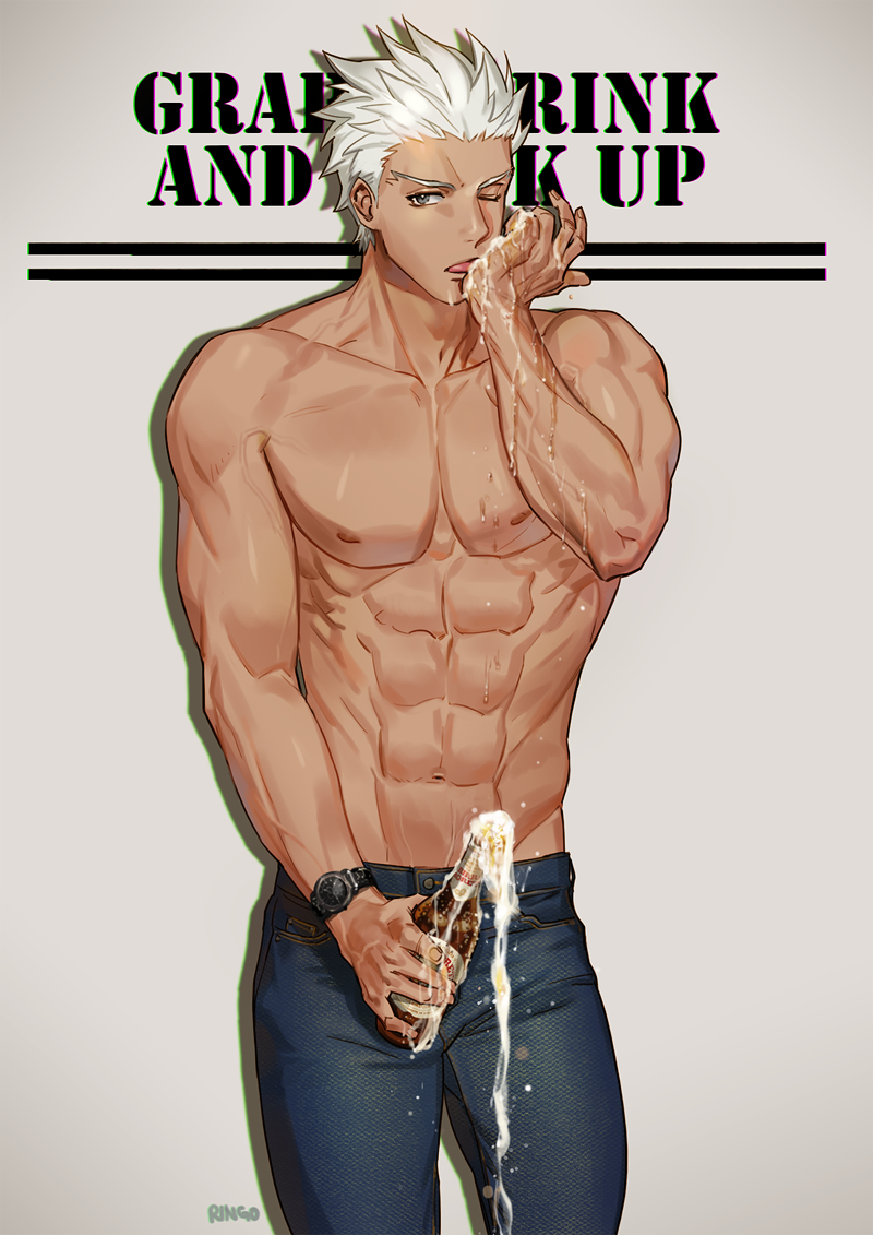 abs alcohol archer bare_chest beer beer_bottle dark_skin dark_skinned_male fate_(series) g0ringo licking_hand male_focus one_eye_closed pants phallic_symbol sexually_suggestive simple_background solo spilling toned toned_male watch white_hair wristwatch