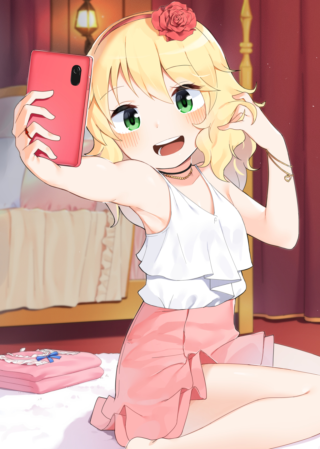 :d armpits bangs bare_arms bare_shoulders bed blonde_hair blush cellphone collarbone commentary english_commentary eyebrows_visible_through_hair flower folded_clothes green_eyes hair_between_eyes hair_flower hair_ornament hairband head_tilt heart highres holding holding_cellphone holding_phone idolmaster idolmaster_cinderella_girls indoors long_hair necktie noria open_mouth outstretched_arm phone pink_skirt pleated_skirt red_flower red_hairband red_rose rose round_teeth sakurai_momoka self_shot shirt sitting skirt sleeveless sleeveless_shirt smartphone smile solo taking_picture teeth upper_teeth wariza white_shirt