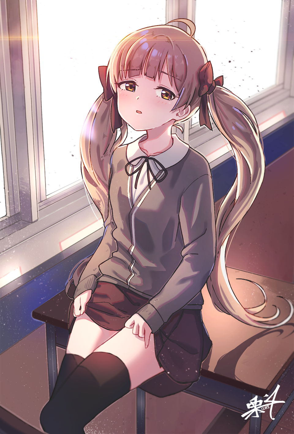 bangs black_legwear black_ribbon bow brown_cardigan brown_eyes brown_hair brown_skirt collared_shirt commentary_request day desk eyebrows_visible_through_hair fingernails hair_bow hakozaki_serika highres idolmaster idolmaster_million_live! indoors kuri_choko long_hair long_sleeves neck_ribbon on_desk parted_lips red_bow ribbon school_desk school_uniform shirt signature sitting sitting_on_desk skirt sleeves_past_wrists solo sunlight thighhighs twintails very_long_hair white_shirt window