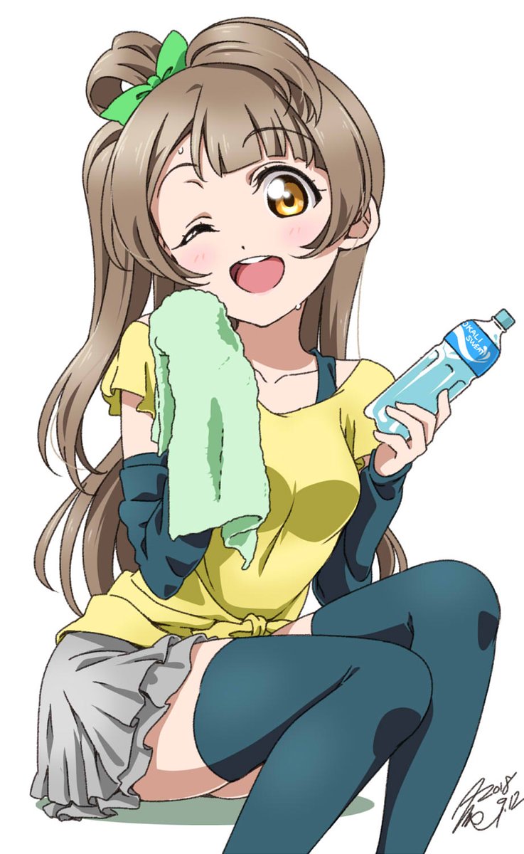 ;d arm_warmers bangs blue_legwear bottle bow commentary_request eyebrows_visible_through_hair green_bow grey_hair grey_skirt hair_bow highres holding holding_bottle holding_towel long_hair looking_at_viewer love_live! love_live!_school_idol_project minami_kotori miniskirt one_eye_closed one_side_up open_mouth round_teeth shirt short_sleeves signature sitting skirt smile solo sweat takeya_yuuki teeth thighhighs towel upper_teeth water_bottle white_background yellow_eyes yellow_shirt