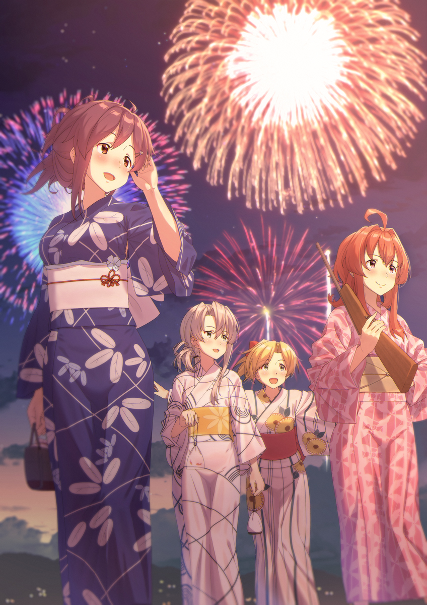 aerial_fireworks ahoge alternate_costume alternate_hairstyle arashi_(kantai_collection) asymmetrical_hair bag bagged_fish bangs blonde_hair blue_eyes blurry blurry_background blush breasts closed_mouth commentary_request evening feet_out_of_frame festival fireworks fish flipped_hair gun hagikaze_(kantai_collection) hair_ornament hair_up highres holding holding_gun holding_weapon japanese_clothes kantai_collection key_kun kimono kinchaku large_breasts long_hair looking_away maikaze_(kantai_collection) medium_breasts medium_hair messy_hair multiple_girls night nowaki_(kantai_collection) obi open_mouth outdoors parted_bangs pink_kimono ponytail pouch print_kimono purple_eyes purple_hair purple_kimono red_eyes red_hair rifle sash scrunchie short_hair sidelocks silver_eyes silver_hair sky smile summer_festival swept_bangs tied_hair weapon white_kimono yellow_eyes yukata
