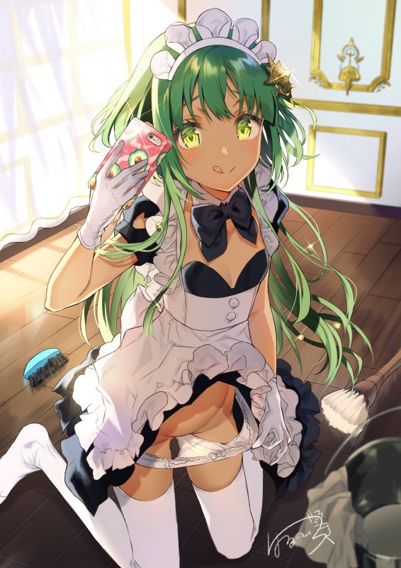 :p apron bow cellphone commentary_request dress flat_chest gloves green_eyes green_hair hair_ornament harunoibuki kneeling long_hair maid maid_apron maid_headdress original panties panty_pull phone self_shot skirt skirt_lift smartphone smartphone_case thighhighs tongue tongue_out underwear white_gloves white_legwear