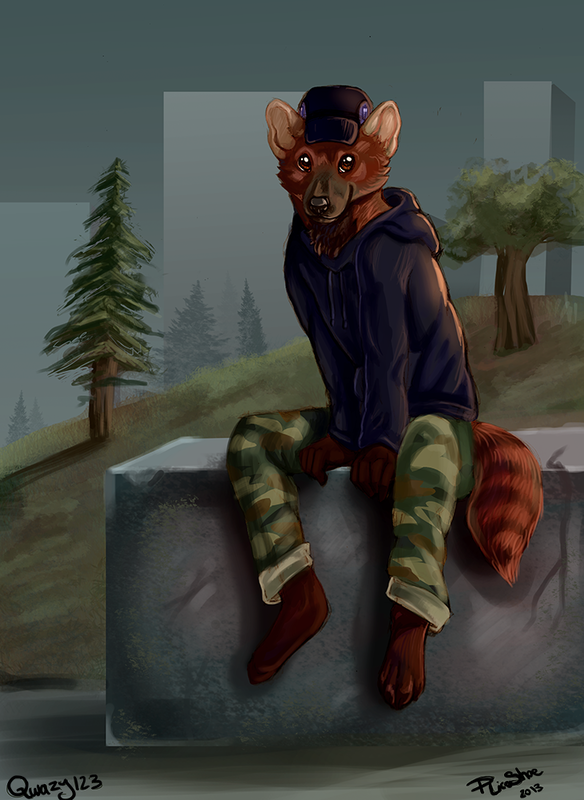 2013 4_fingers 4_toes ambiguous_gender anthro barefoot baseball_cap biped black_nose blue_clothing brown_eyes brown_fur brown_tail building camo caudle_(fursona) cheek_tuft clothed clothing concrete digital_drawing_(artwork) digital_media_(artwork) euplerid front_view full-length_portrait fur grass green_clothing grey_fur hat hoodie humanoid_hands lighting mammal mile multicolored_fur neck_tuft outside pants pine_tree portrait ricoshae ring-tailed_vontsira ringtail shadow sitting smile snout solo striped_tail stripes toes tree tuft two_tone_fur vontsira