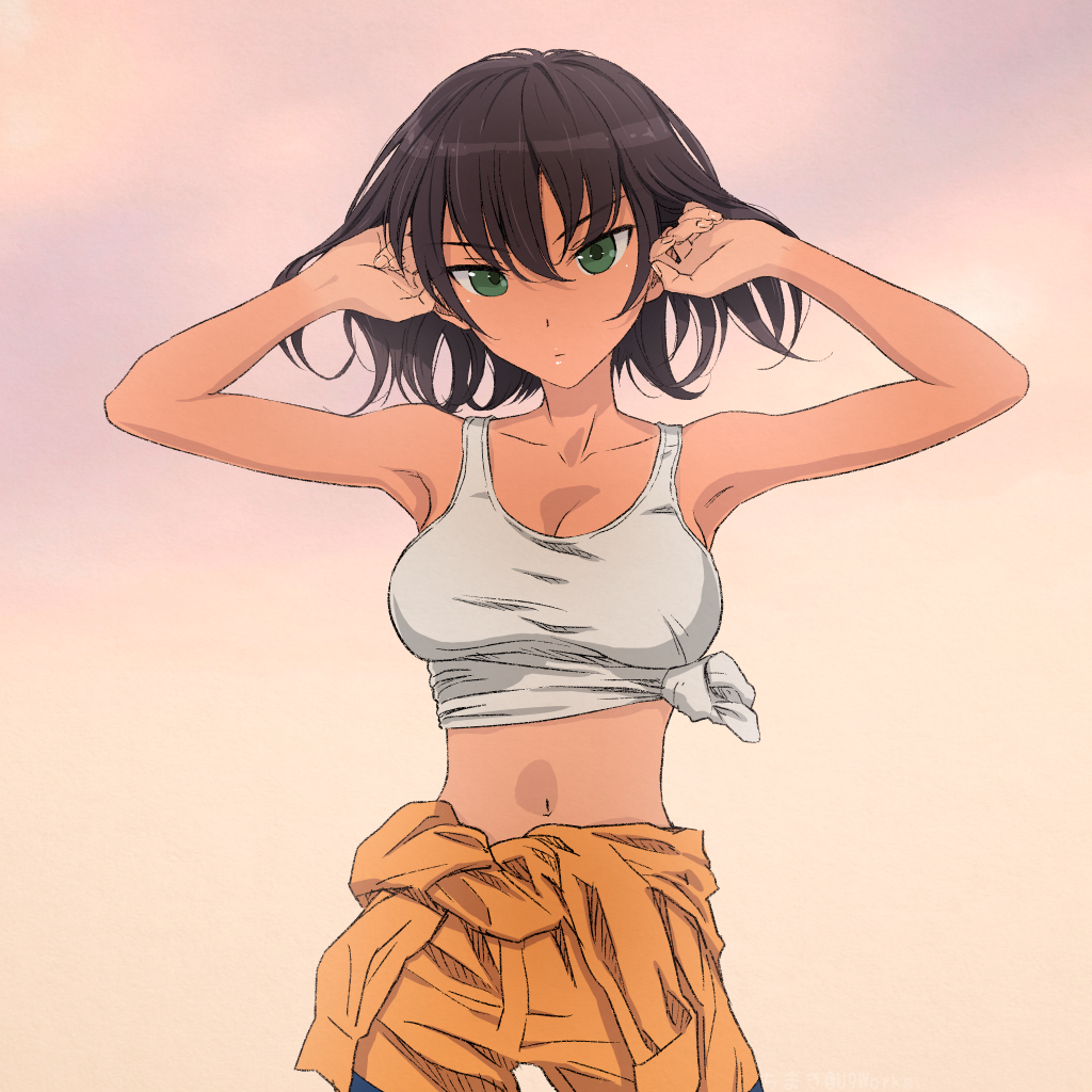 akagi_(fmttps) armpits arms_up artist_name bangs breasts brown_hair cleavage closed_mouth clothes_around_waist collarbone commentary cowboy_shot dark_skin eyebrows_visible_through_hair girls_und_panzer gradient gradient_background green_eyes hands_in_hair hoshino_(girls_und_panzer) jumpsuit light_frown looking_at_viewer mechanic medium_breasts midriff navel orange_jumpsuit shirt short_hair solo standing tank_top tied_shirt twitter_username uniform white_shirt