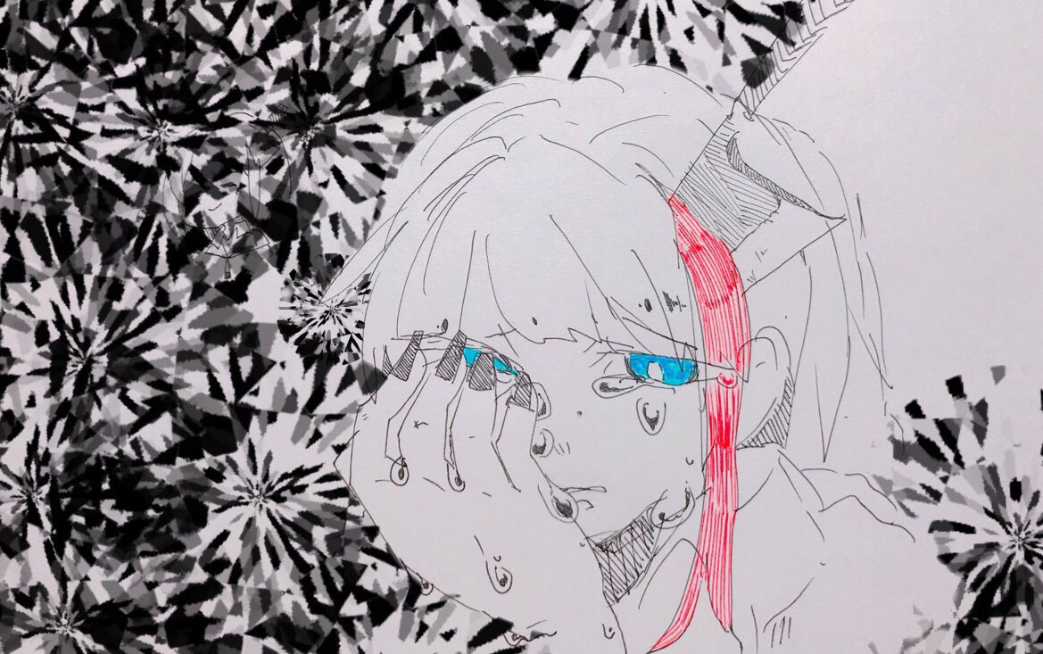 black_nails blue_eyes commentary crying crying_with_eyes_open eguchi_saan english_commentary engrish_commentary fingernails greyscale highlights kitchen_knife knife knife_in_head long_fingernails looking_at_viewer monochrome multicolored_hair nail_polish original paper_(medium) pen_(medium) solo spot_color tearing_up tears