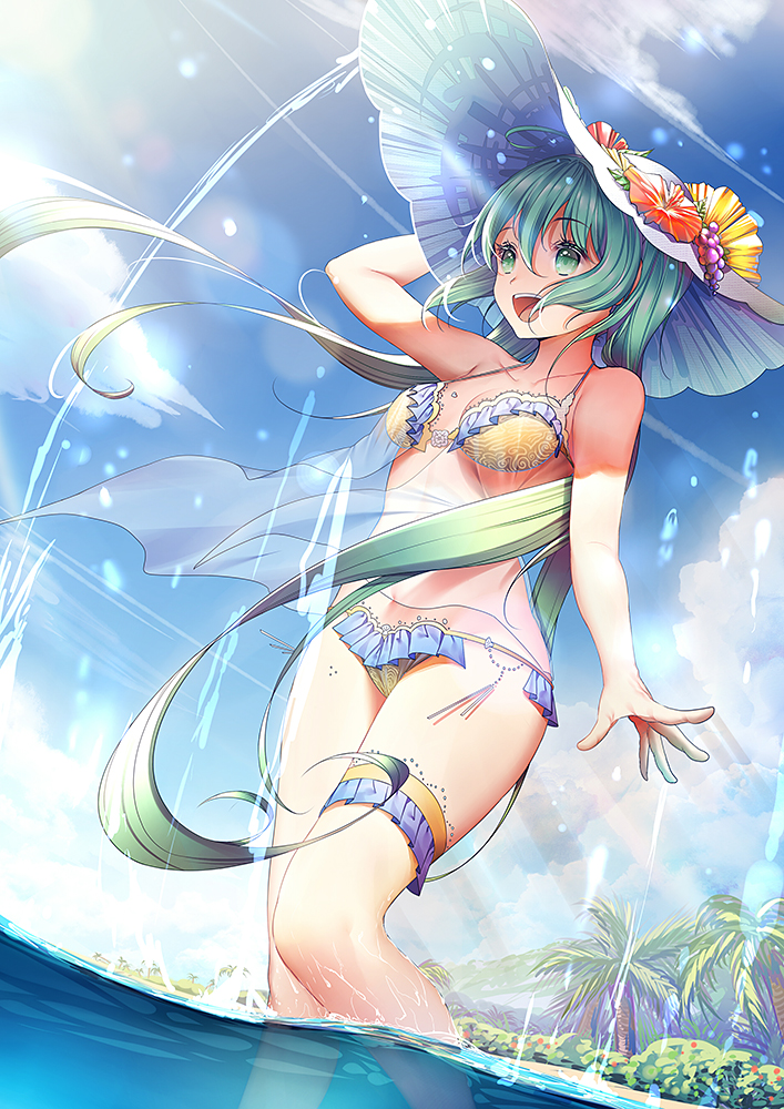 :d arm_at_side arm_up bangs beach bikini blue_sky breasts cloud collarbone commentary_request day dutch_angle eyebrows_visible_through_hair flower frilled_bikini frills green_eyes green_hair hair_between_eyes hand_on_headwear hat hat_flower hatsune_miku long_hair medium_breasts ocean open_mouth outdoors palm_tree see-through sky smile solo standing sun_hat sunlight swimsuit thigh_strap tree upper_teeth very_long_hair vocaloid wading water white_hat wind xiaosan_ye yellow_bikini
