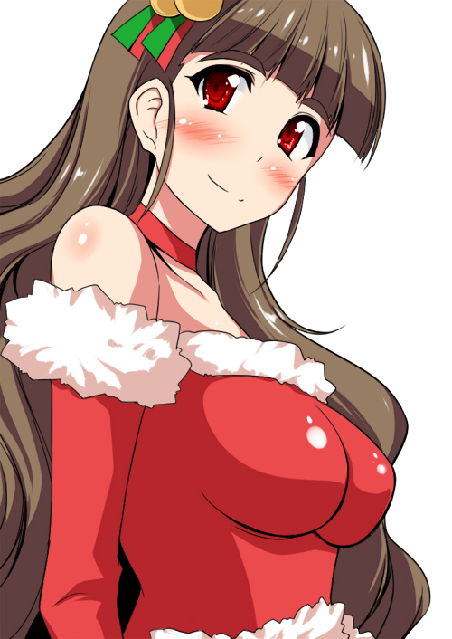 bangs bare_shoulders bell blunt_bangs blush breasts brown_hair choker christmas closed_mouth commentary_request crop_top elbow_gloves eyebrows_visible_through_hair from_side fur-trimmed_gloves fur-trimmed_shirt fur_trim gloves idolmaster idolmaster_cinderella_girls kamiya_nao long_hair looking_at_viewer looking_to_the_side medium_breasts raised_eyebrows red_choker red_eyes red_gloves ringed_eyes santa_costume shiny shiny_clothes simple_background smile solo stiel thick_eyebrows upper_body very_long_hair white_background