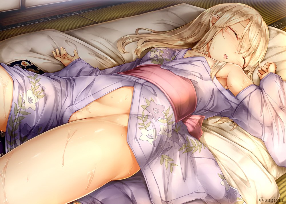 armpits bangs blonde_hair blush breasts closed_eyes commentary_request eyebrows_visible_through_hair fate/stay_night fate_(series) floral_print futon groin hair_between_eyes hand_up illyasviel_von_einzbern indoors japanese_clothes kimono knee_up long_hair lying night no_bra no_panties obi on_back open_clothes open_kimono open_mouth purple_kimono pussy_peek sash see-through sidelocks sleeping small_breasts solo stomach sugiyuu sweat tatami thighs twitter_username upper_teeth