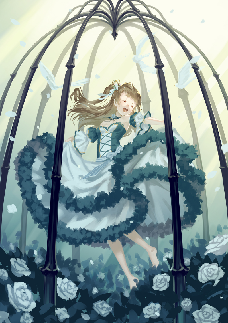 barefoot bird birdcage cage choker closed_eyes commentary_request crown dancing detached_sleeves dress flower grey_hair hair_ribbon long_hair love_live! love_live!_school_idol_project minami_kotori open_mouth outstretched_arms ribbon ribbon_choker rose skirt_hold smile solo spread_arms tomiwo upper_teeth white_feathers white_flower white_ribbon white_rose
