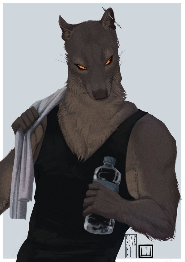5_fingers anthro better_version_at_source biceps biped black_sclera border brown_fur brown_nose clothed clothing digital_media_(artwork) digital_painting_(artwork) ear_piercing euplerid fossa front_view fur glowing glowing_eyes grey_background half-length_portrait holding_object holding_towel humanoid_hands industrial_piercing inner_ear_fluff looking_aside looking_away male mammal muscular muscular_male orange_eyes outside_border piercing portrait senkkei shirt simple_background slit_pupils snout solo stare tank_top towel towel_on_shoulder water_bottle whiskers white_border