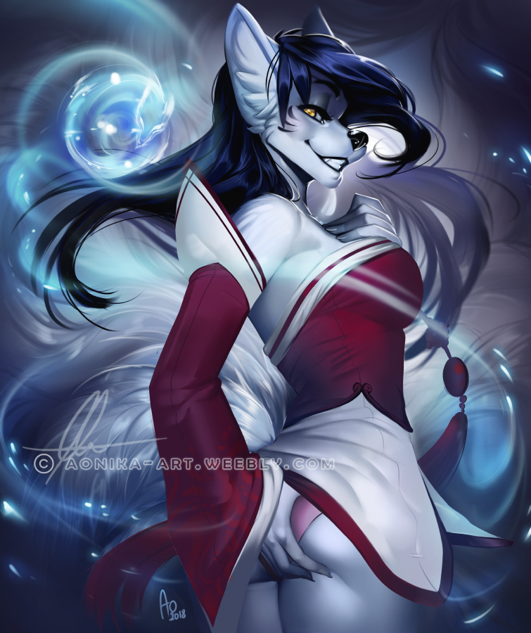 2018 5_fingers ahri_(lol) anthro aomori big_breasts black_hair black_nose breasts butt butt_grab butt_pose canine clothed clothing detailed_background digital_media_(artwork) dog female hair hand_on_butt inner_ear_fluff league_of_legends mammal panties riot_games smile solo underwear video_games yellow_eyes