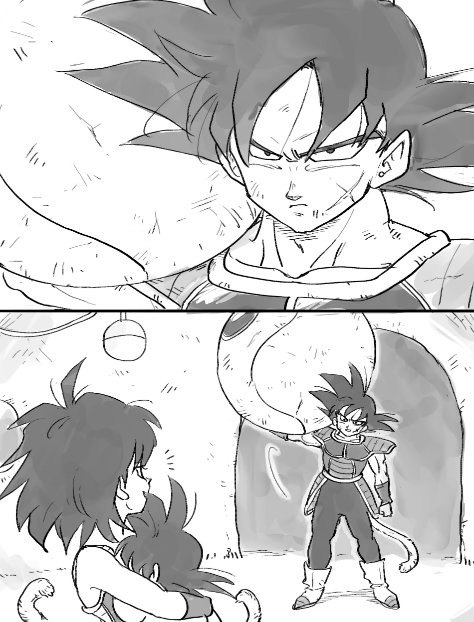 1girl 2boys armor baby bardock black_hair boots carrying_over_shoulder comic couple dirty dirty_clothes dirty_face dragon_ball expressionless eyelashes family father_and_son frown full_body gine greyscale hetero highres indoors looking_at_another monochrome mother_and_son multiple_boys profile scar short_hair silent_comic smile son_gokuu space_craft spiked_hair standing tail tkgsize upper_body younger