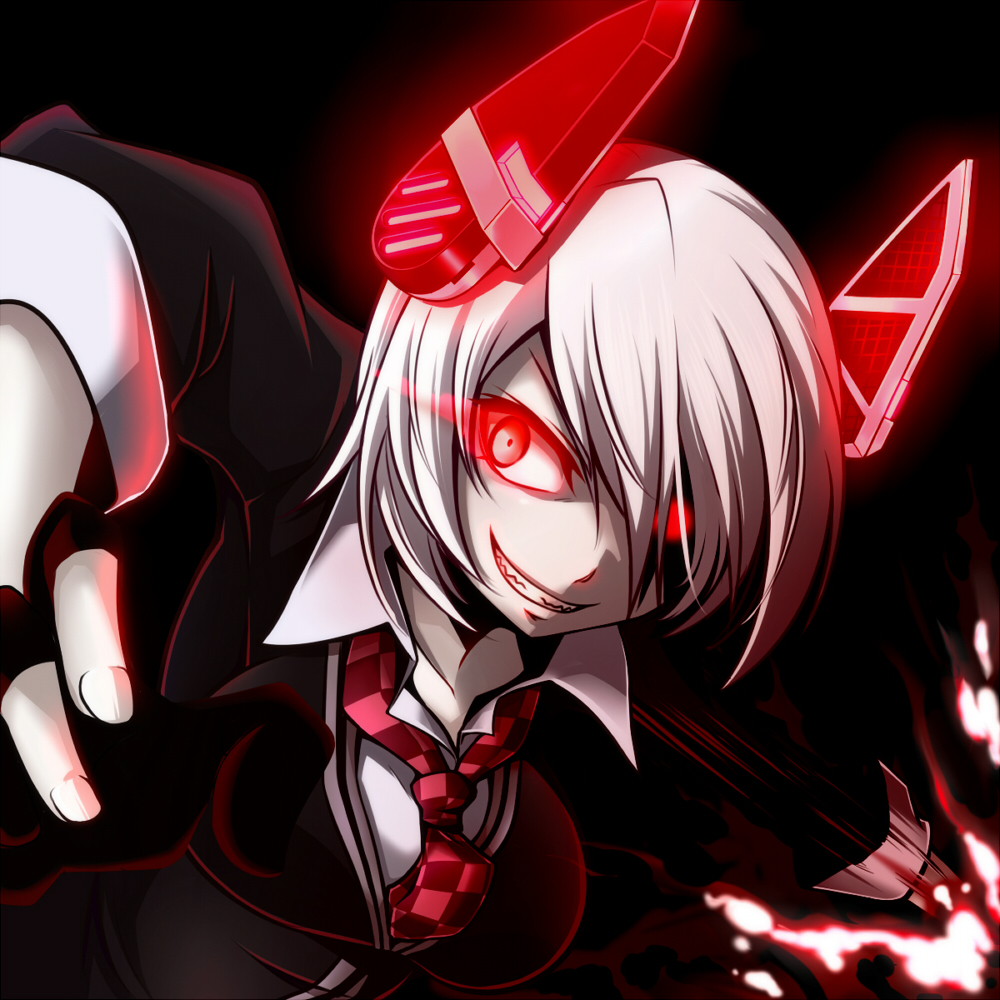 black_background black_jacket checkered checkered_neckwear collared_shirt commentary_request dark_persona fingerless_gloves fingernails gloves glowing glowing_eyes hair_over_one_eye headgear jacket kantai_collection monochrome necktie popped_collar red red_neckwear shinkaisei-kan shirt short_hair smile solo tenryuu_(kantai_collection) tottsuman white_shirt wing_collar