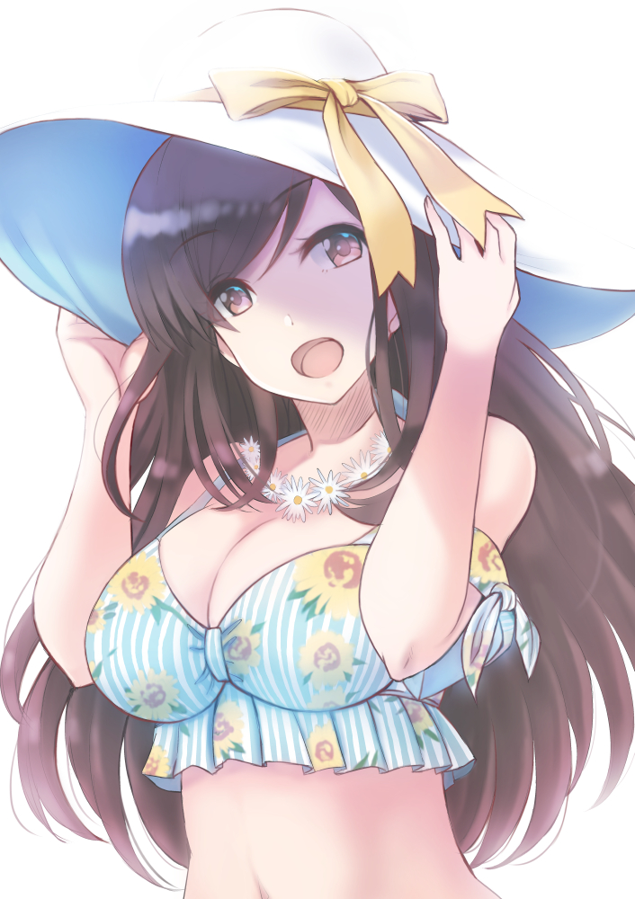 bangs bare_shoulders blush breasts brown_eyes brown_hair cleavage commentary_request crop_top floral_print flower flower_necklace hands_on_headwear hat hat_ribbon idolmaster idolmaster_shiny_colors jewelry large_breasts long_hair looking_at_viewer necklace open_mouth ribbon shiroyukimajima simple_background smile solo sun_hat swept_bangs tsukioka_kogane white_background yellow_ribbon