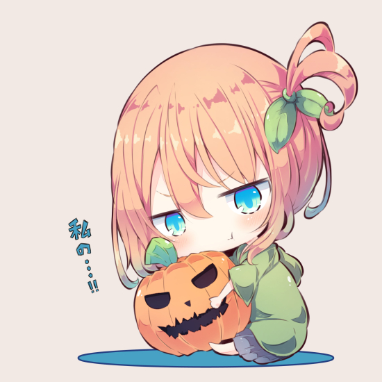 :t bangs barefoot beni_shake blue_eyes blue_skirt blush brown_background brown_hair chibi closed_mouth commentary eyebrows_visible_through_hair green_hoodie hair_between_eyes hair_ornament head_tilt hood hood_down hoodie jack-o'-lantern object_hug one_side_up original pleated_skirt pout sitting skirt solo translated v-shaped_eyebrows