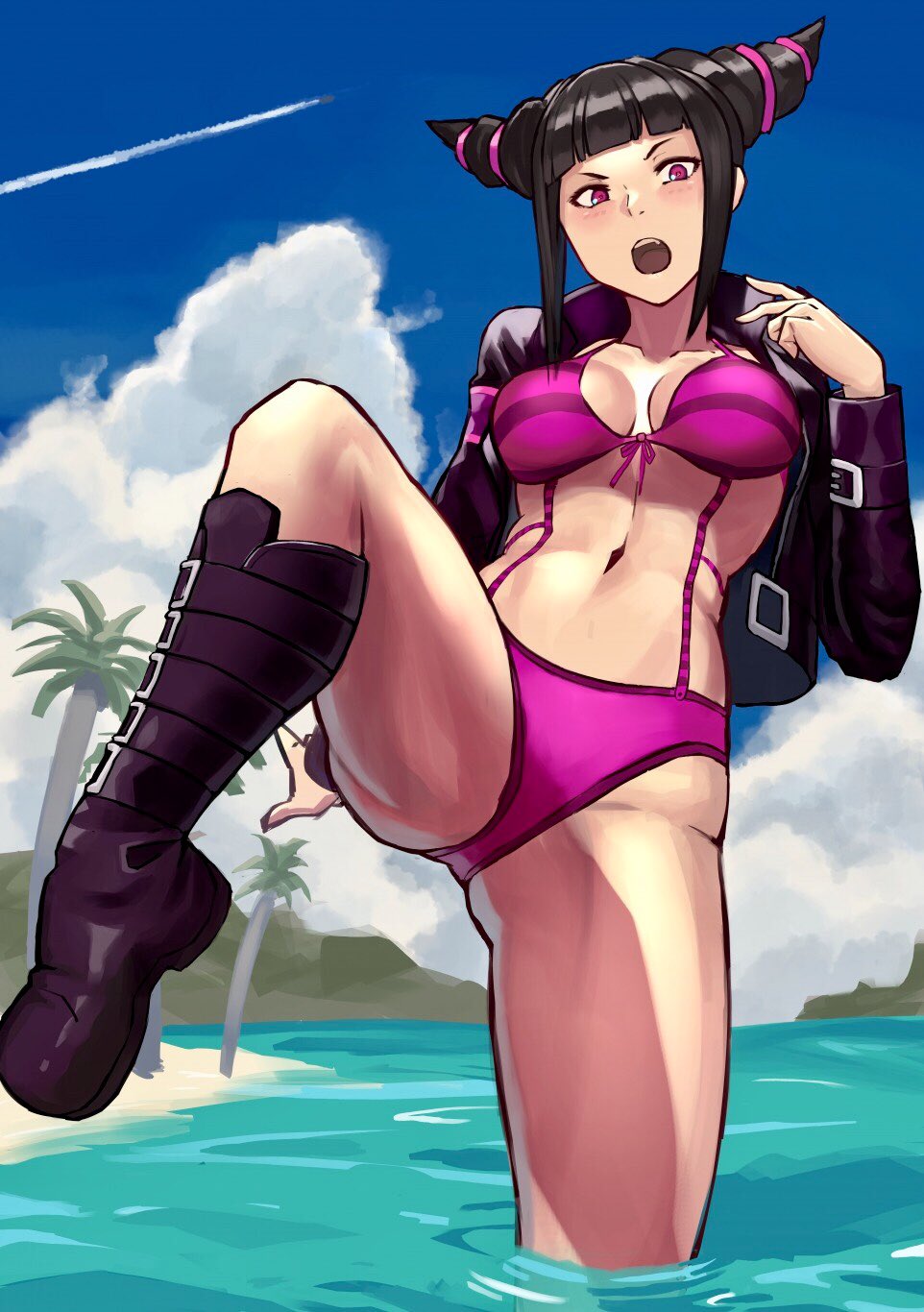 alternate_costume ass_visible_through_thighs beach blue_sky boots breasts breasts_apart cleavage cloud commentary condensation_trail day drill_hair fang han_juri highres jacket leg_up looking_at_viewer medium_breasts navel ocean open_mouth palm_tree purple_eyes purple_jacket sand sky solo stomach street_fighter street_fighter_v swimsuit toned tree twin_drills wading water yuu3