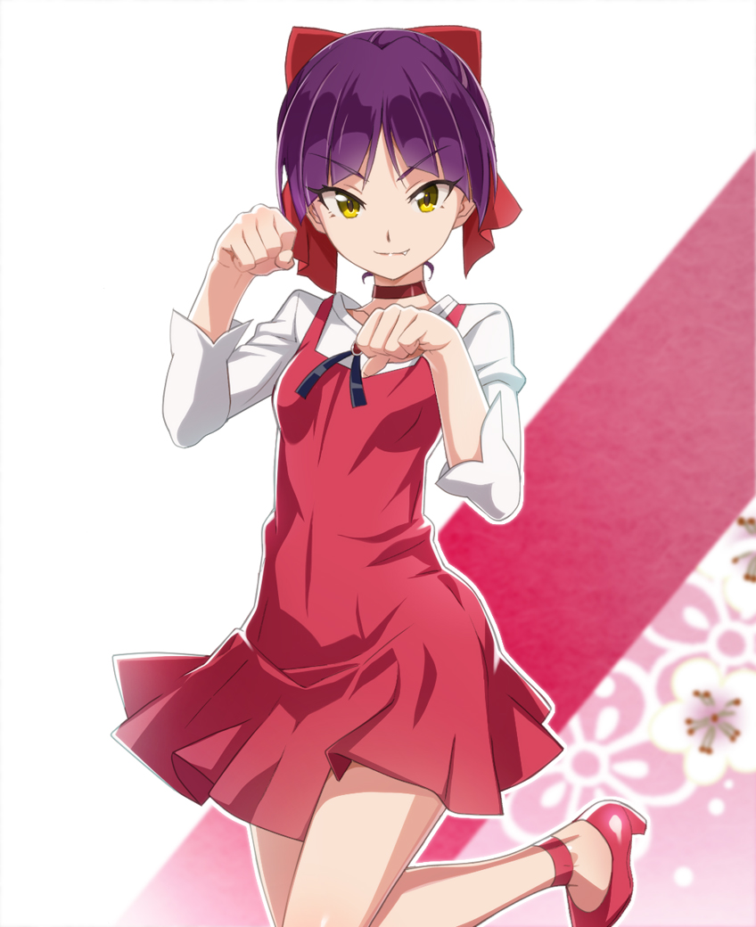 bangs blunt_bangs bow choker dress fang gegege_no_kitarou high_heels long_sleeves looking_at_viewer nekomusume nekomusume_(gegege_no_kitarou_6) nyoro_(nyoronyoro000) paw_pose pointy_ears purple_hair red_bow red_dress simple_background smile solo white_background yellow_eyes