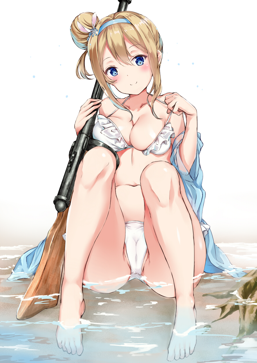 bare_legs bare_shoulders barefoot bikini blue_hairband blue_jacket breasts cameltoe cleavage closed_mouth commentary_request girls_frontline gun hair_bun hair_ornament hairband hand_up head_tilt highres jacket light_brown_hair medium_breasts navel object_namesake off_shoulder partially_visible_vulva shallow_water short_sleeves side_bun sitting smile snowflake_hair_ornament solo submachine_gun suomi_kp/-31 suomi_kp31_(girls_frontline) swimsuit weapon white_bikini yukishiro_arute