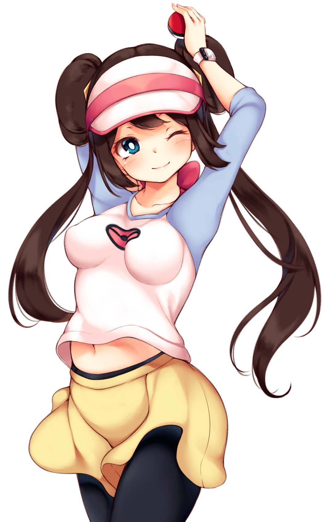 arms_up bangs belly_peek black_legwear blue_eyes blush breasts brown_hair closed_mouth collarbone cowboy_shot double_bun hair_tie happy hat highres holding holding_poke_ball long_hair maremay0513 medium_breasts mei_(pokemon) midriff_peek multicolored_shirt navel one_eye_closed pantyhose pink_hat poke_ball poke_ball_(generic) poke_ball_symbol poke_ball_theme pokemon pokemon_(game) pokemon_bw shirt shorts simple_background smile solo standing tied_hair twintails visor_cap watch white_background wristwatch yellow_shorts