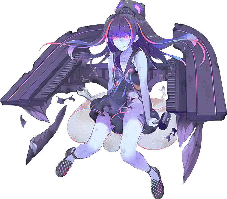 akira_(kadokawa) dock_hime full_body glowing glowing_eyes hammer kantai_collection long_hair machinery multicolored_hair official_art red_eyes shinkaisei-kan tools torn_clothes transparent_background twintails wrench