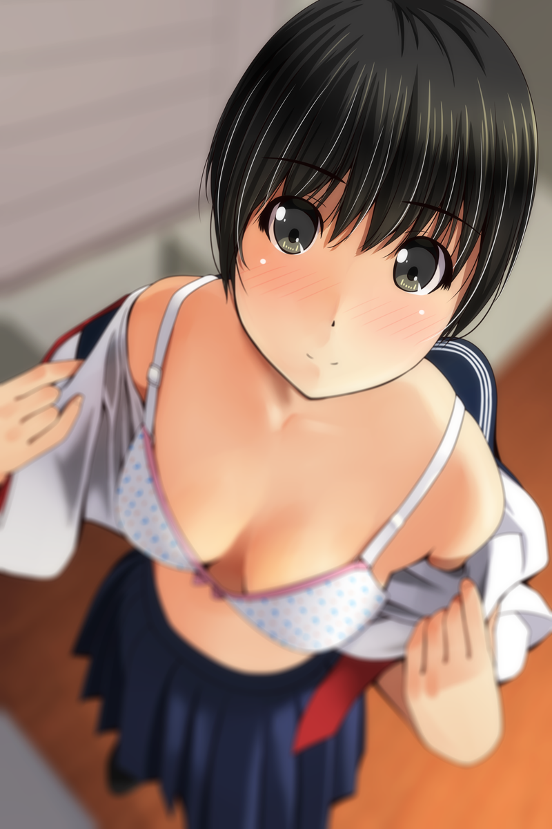 bangs bare_shoulders black_hair blue_sailor_collar blue_skirt blurry blurry_foreground blush bow bow_bra bra breasts brown_eyes closed_mouth commentary_request depth_of_field eyebrows_visible_through_hair from_above hair_between_eyes highres indoors looking_at_viewer looking_up matsunaga_kouyou medium_breasts nose_blush off_shoulder open_clothes open_shirt original pleated_skirt polka_dot polka_dot_bra red_neckwear sailor_collar school_uniform serafuku shirt short_hair short_sleeves skirt smile solo standing underwear white_bra white_shirt wooden_floor