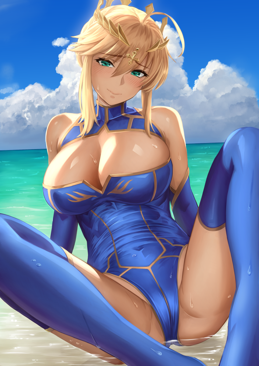 ahoge artoria_pendragon_(all) artoria_pendragon_(lancer) bangs bare_shoulders beach blue_gloves blue_legwear blue_leotard blue_sky blush braid breasts cleavage cleavage_cutout closed_mouth cloud commentary_request crotch crown day elbow_gloves eyebrows_visible_through_hair fate/grand_order fate_(series) french_braid gloves green_eyes hair_between_eyes highres knees_up large_breasts leaning_back legs leotard looking_at_viewer ocean sidelocks sky smile solo swept_bangs thighhighs thighs wet yamaneko_(tkdrumsco)