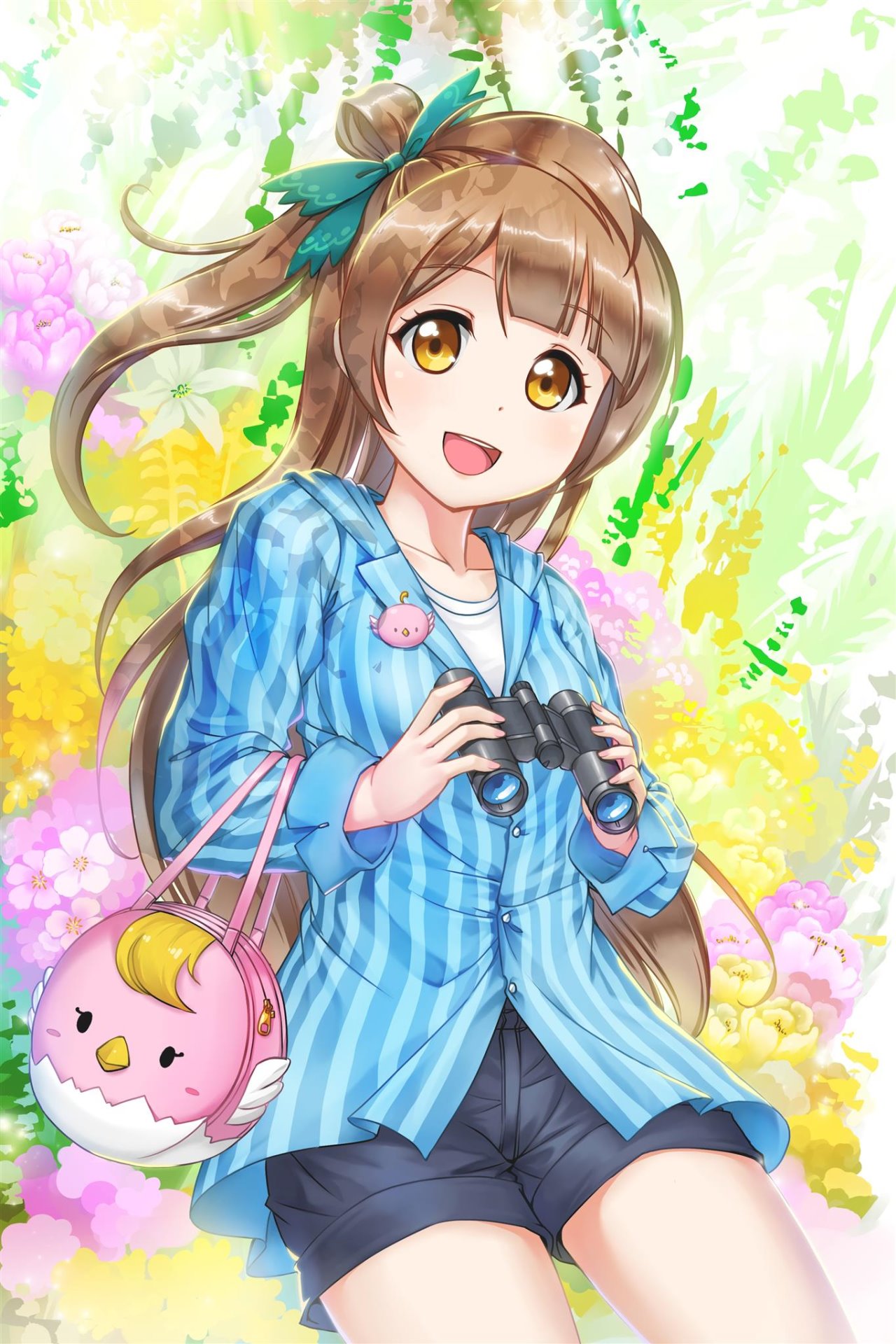 :d animal_bag aqua_bow badge bag bangs binoculars black_shorts blue_shirt bow brown_hair button_badge commentary_request crazypen eyebrows_visible_through_hair floral_background hair_bow handbag highres holding holding_binoculars long_hair long_sleeves looking_at_viewer love_live! love_live!_school_idol_project minami_kotori one_side_up open_mouth shirt short_shorts shorts smile solo striped striped_shirt upper_teeth vertical-striped_shirt vertical_stripes yellow_eyes