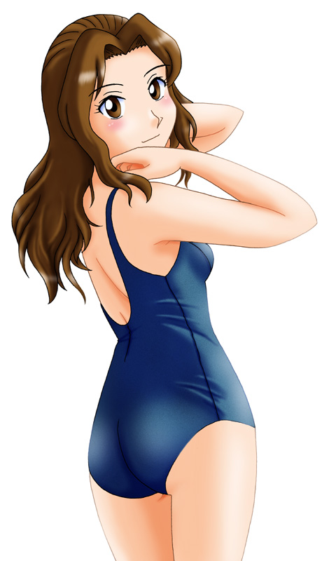 :| ass blue_swimsuit blush brown_eyes brown_hair closed_mouth hands_up looking_at_viewer looking_back mizutani_yurika neopure one-piece_swimsuit school_swimsuit simple_background standing swimsuit true_love_story white_background