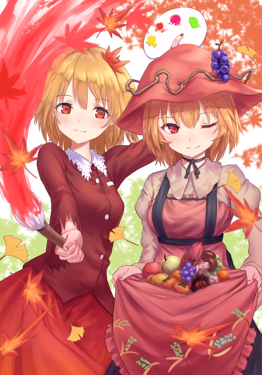 ;) aki_minoriko aki_shizuha apple arm_up autumn_leaves bangs beige_shirt black_choker blonde_hair blush breasts choker commentary_request cowboy_shot dress eyebrows_visible_through_hair food food_themed_hair_ornament frills fruit grape_hair_ornament grapes hair_between_eyes hair_ornament hat highres holding holding_paintbrush juliet_sleeves lace-trimmed_collar lace_trim leaf leaf_hair_ornament long_sleeves looking_at_viewer medium_breasts multiple_girls mushroom nail_polish one_eye_closed paintbrush palette persimmon puffy_sleeves red_eyes red_hat red_nails red_shirt red_skirt ribbon_choker roke_(taikodon) shirt short_hair siblings sisters skirt skirt_hold smile standing strapless strapless_dress suspenders sweet_potato touhou white_background