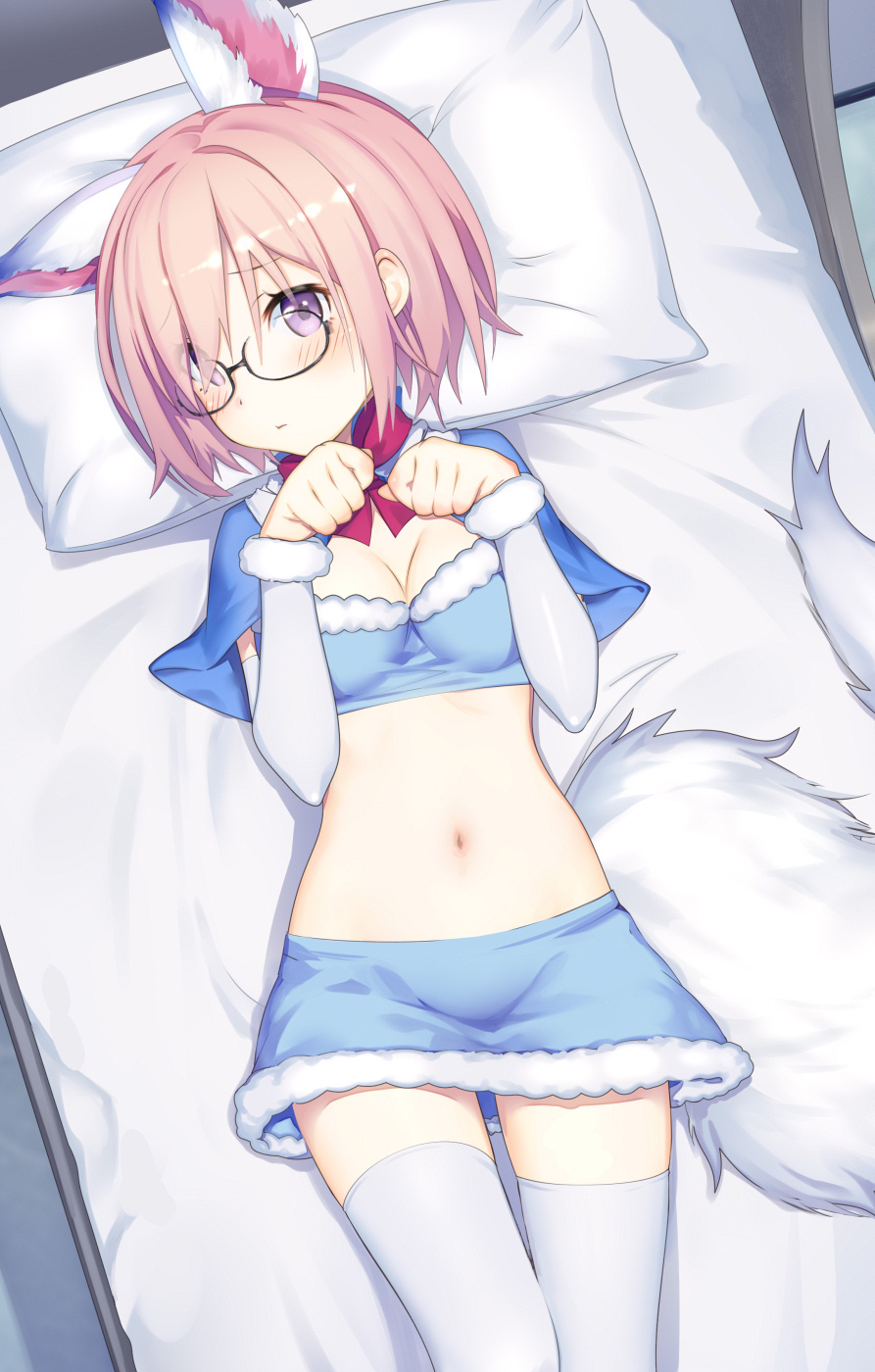 alternate_costume animal_ears arm_warmers bed_sheet blue_bra blue_capelet blue_skirt blush bow bowtie bra breasts capelet cleavage commentary_request cosplay cowboy_shot detached_sleeves fate/grand_order fate_(series) fou_(fate/grand_order) fou_(fate/grand_order)_(cosplay) fur-trimmed_bra fur-trimmed_skirt fur_trim glasses hair_over_one_eye highres lavender_hair long_sleeves looking_at_viewer lying mamehamu mash_kyrielight navel on_back pillow purple_eyes red_bow red_neckwear short_hair skirt solo stomach tail thighhighs underwear white_background white_legwear