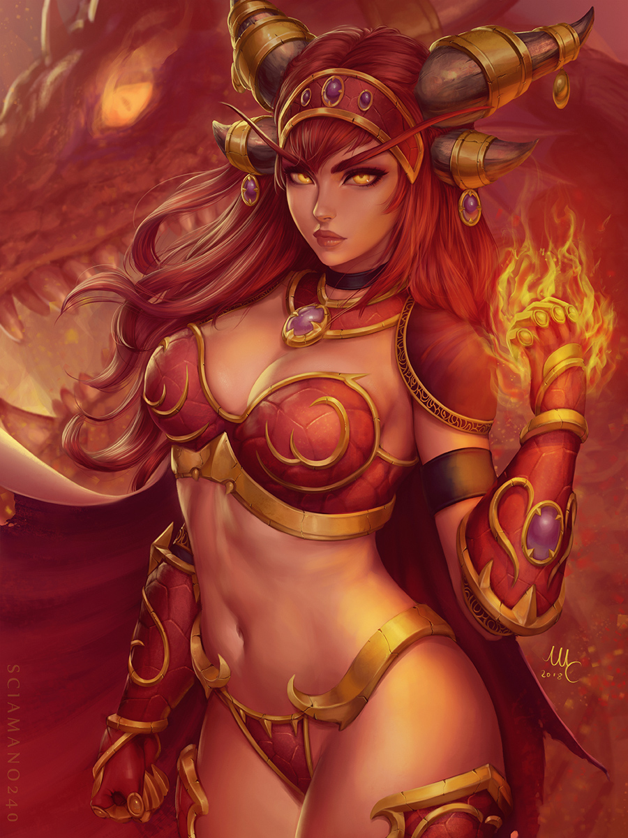 2018 alexstrasza arm_strap armor artist_name bangs bikini bikini_armor black_choker breasts cape choker cleavage clenched_hand closed_mouth commentary cowboy_shot detached_collar dragon dragon_horns english_commentary expressionless eyebrows fantasy fire floating_hair gauntlets gem hand_up headgear highres horns italian_commentary lips long_eyebrows long_hair looking_at_viewer medium_breasts monster navel nose pyrokinesis red red_armor red_bikini red_cape red_hair sciamano240 sidelocks signature standing stomach swimsuit teeth warcraft wind world_of_warcraft yellow_eyes