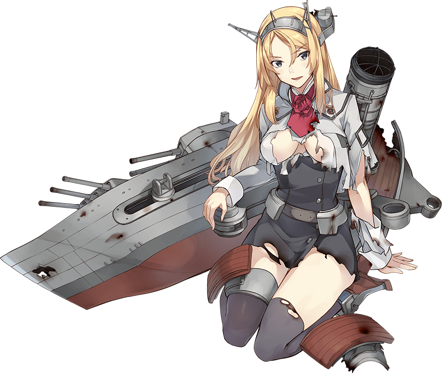 blonde_hair blue_eyes breasts flower headgear kantai_collection konishi_(koconatu) large_breasts long_hair machinery military military_uniform nelson_(kantai_collection) official_art red_flower red_rose rose thighhighs torn_clothes transparent_background turret uniform weapon