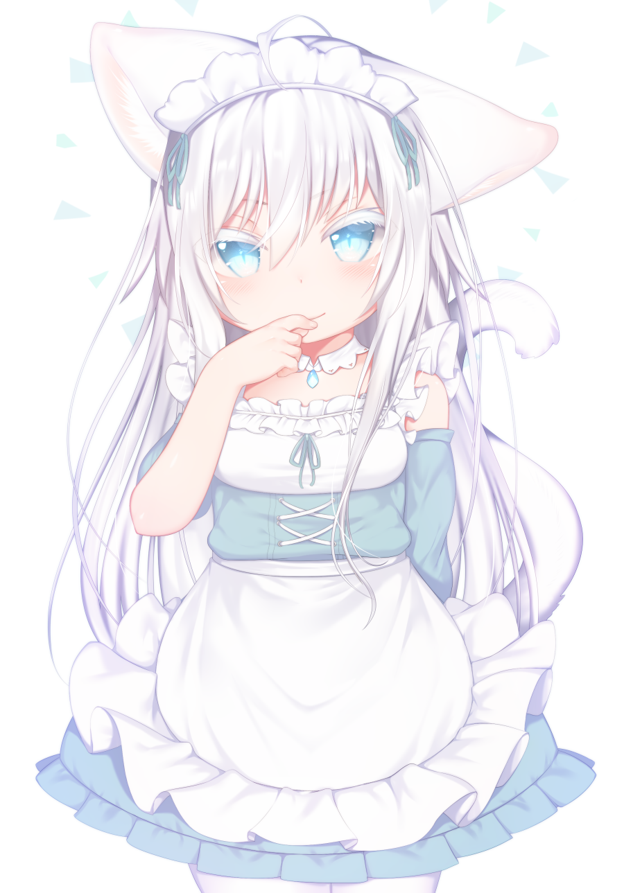 animal_ears apron asymmetrical_sleeves bangs blue_dress blush cat_ears cat_girl cat_tail closed_mouth colored_eyelashes commentary_request cross-laced_clothes detached_sleeves dress eyebrows_visible_through_hair fingernails frilled_apron frills green_ribbon hair_between_eyes hand_to_own_mouth hand_up highres long_hair long_sleeves maid maid_headdress mofuaki original pantyhose puffy_short_sleeves puffy_sleeves ribbon short_sleeves silver_hair simple_background sleeveless sleeveless_dress smile solo tail tail_raised unaligned_ears very_long_hair waist_apron white_apron white_background white_legwear