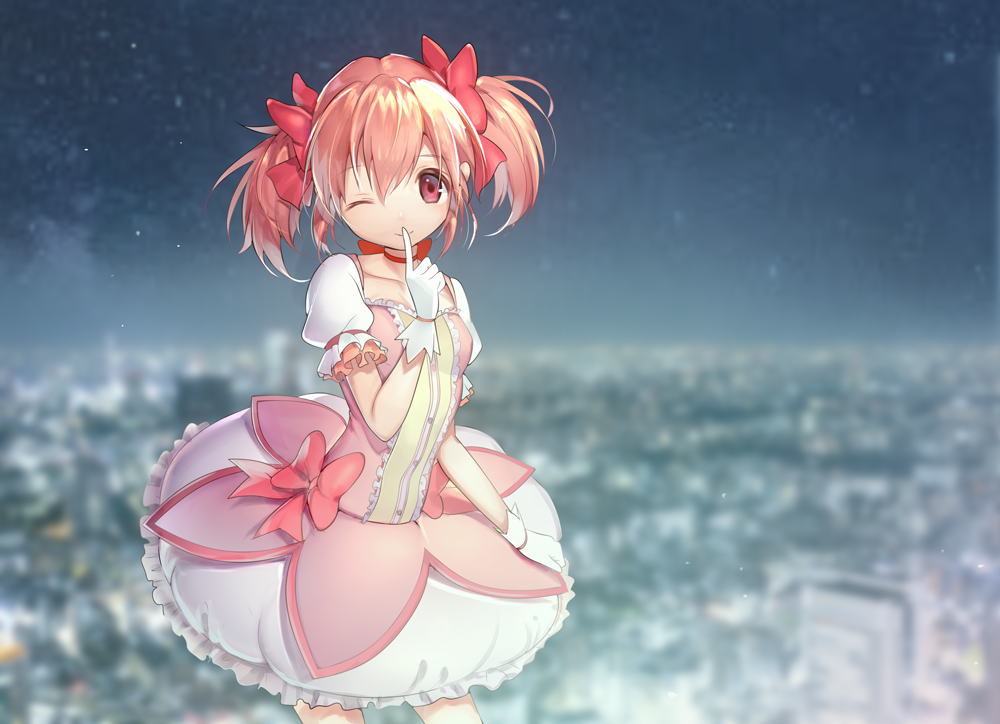 blush bow closed_mouth collarbone eyebrows_visible_through_hair gloves hair_bow kaname_madoka looking_at_viewer mahou_shoujo_madoka_magica mogullaz one_eye_closed pink_eyes pink_hair red_bow short_hair short_twintails smile solo twintails white_gloves