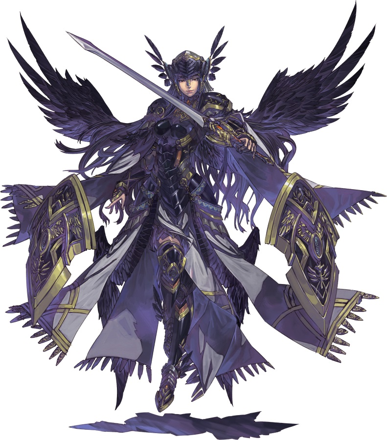 armor armored_dress black_wings cape feather_trim feathered_wings floating gauntlets greaves helmet hrist_valkyrie long_hair looking_at_viewer official_art ornate_armor red_eyes shield solo sword valkyrie_profile valkyrie_profile_anatomia weapon wings