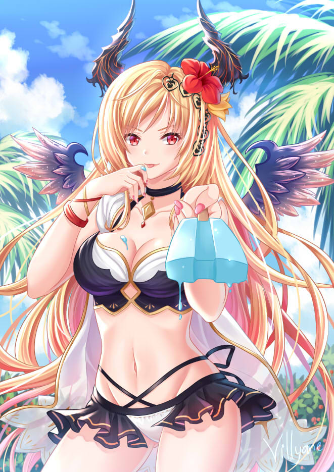 :p ass_visible_through_thighs bikini black_bikini_top black_choker black_skirt blonde_hair blue_sky breasts choker cleavage closed_mouth cloud collarbone commentary_request curled_horns dark_angel_olivia day dripping feathered_wings fingernails flower food food_on_finger granblue_fantasy groin hair_flower hair_ornament hand_to_own_mouth holding holding_food horns long_hair medium_breasts melting nail_polish navel orange_flower outdoors palm_tree pink_nails pleated_skirt popsicle purple_wings red_eyes red_flower see-through showgirl_skirt signature skirt sky smile solo swimsuit tongue tongue_out tree very_long_hair villyane white_bikini_bottom wings