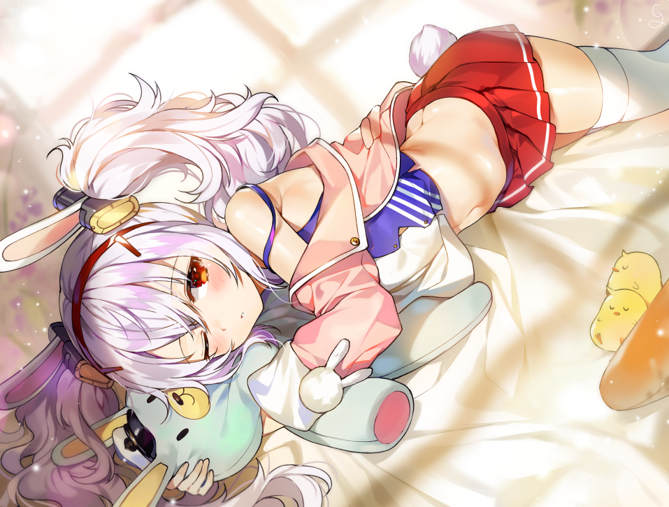 animal_ears azur_lane bangs blush bow breasts bunny_ears butt_crack closed_mouth commentary eyebrows_visible_through_hair fake_animal_ears fur-trimmed_jacket fur_trim gijang hair_between_eyes hair_bow hairband holding holding_stuffed_animal jacket laffey_(azur_lane) long_hair looking_at_viewer lying midriff navel object_hug off_shoulder on_bed on_side one_eye_closed open_clothes open_jacket pink_jacket red_hairband red_skirt shiny shiny_skin silver_hair skindentation skirt sleeves_past_wrists small_breasts solo stomach strap_slip stuffed_animal stuffed_bunny stuffed_toy symbol_commentary twintails white_camisole white_legwear