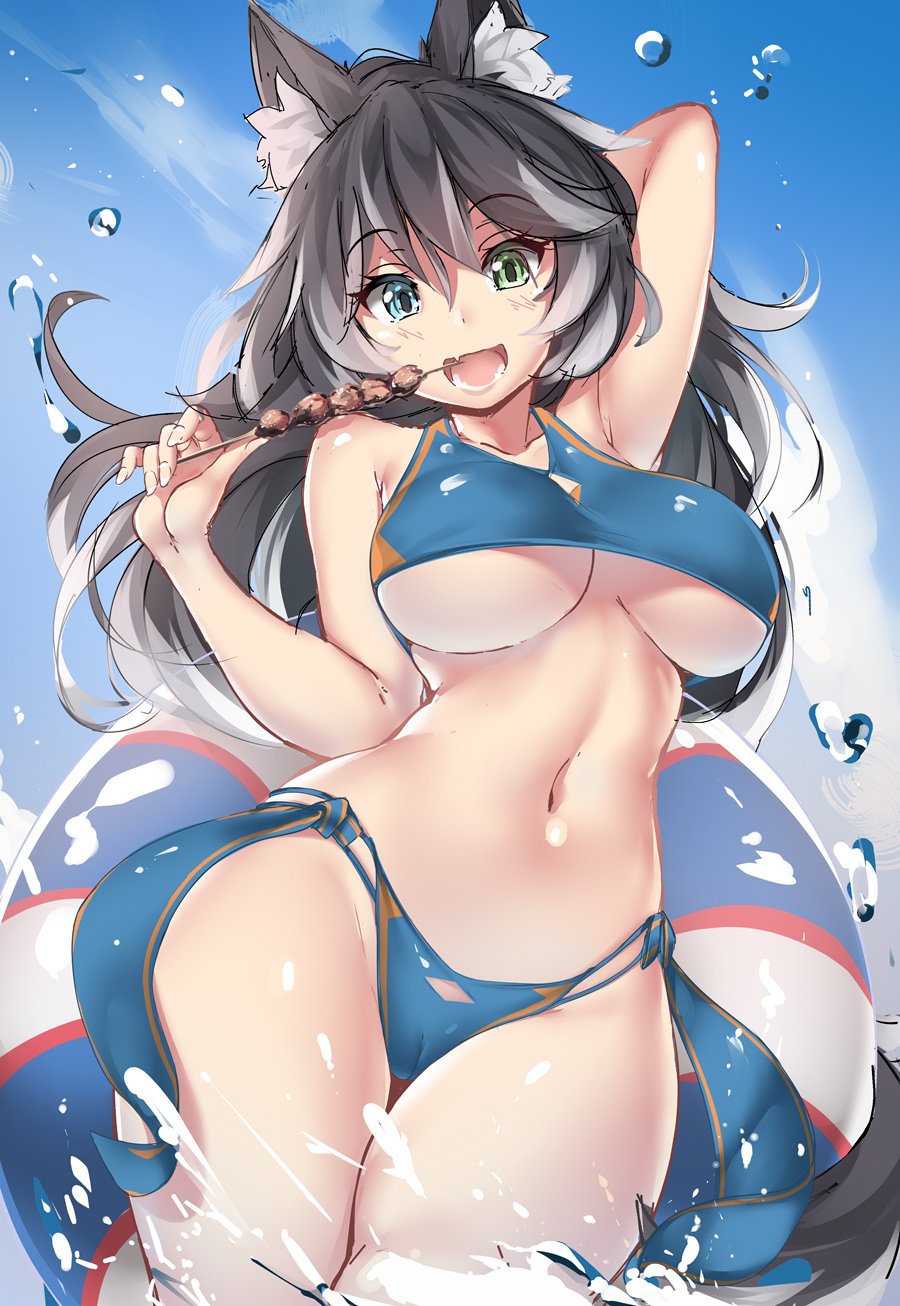 animal_ear_fluff animal_ears arm_up bangs bikini black_hair blue_bikini blue_eyes blue_sky breasts bunny_and_fox_world cloud commentary commission contrapposto cowboy_shot crop_top cryska_(rune_ocarina) day eyebrows_visible_through_hair fang fingernails food green_eyes hair_between_eyes halterneck heterochromia highres hips holding holding_food innertube kanachirou large_breasts long_hair looking_at_viewer meat multicolored_hair navel open_mouth original outdoors side-tie_bikini sketch skewer sky smile solo splashing swimsuit tail thighs two-tone_hair underboob water_drop wet white_hair wolf_ears wolf_tail