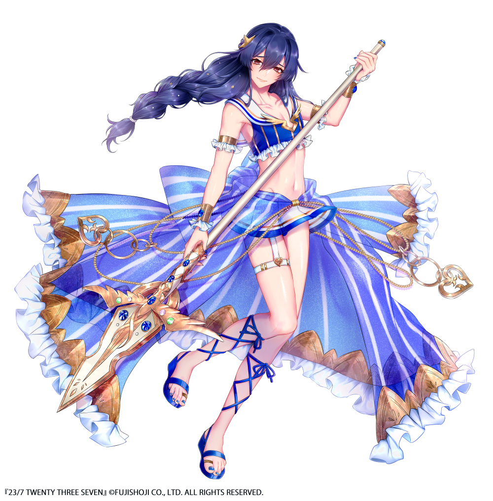 23/7 armlet black_hair blue_bow blue_footwear blue_legwear blue_nails bow braid breasts brown_eyes frills full_body hair_between_eyes heart holding holding_spear holding_weapon jewelry long_hair midriff morino_bambi nail_polish navel official_art polearm sandals see-through small_breasts solo spear standing standing_on_one_leg thigh_strap toe_ring watermark weapon white_background wrist_cuffs