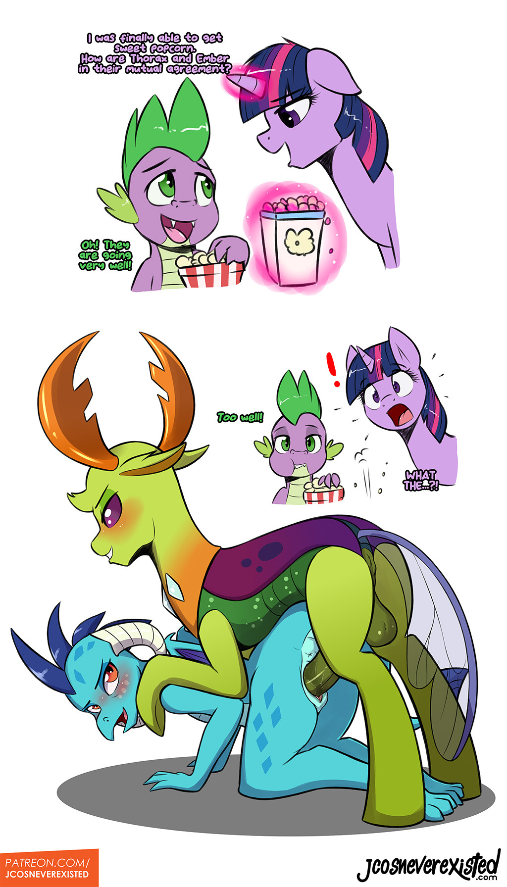 ! 2018 all_fours anus being_watched changeling comic dialogue dragon english_text equine female feral food friendship_is_magic hi_res horn jcosneverexisted looking_back male male/female mammal my_little_pony penetration popcorn princess_ember_(mlp) sex spike_(mlp) text thorax_(mlp) twilight_sparkle_(mlp) unicorn vaginal vaginal_penetration