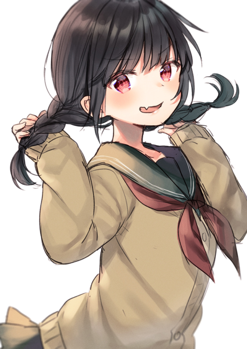 :d bangs black_hair blush braid brown_cardigan cardigan commentary_request doyagao eyebrows_visible_through_hair fang green_sailor_collar hands_up head_tilt long_hair long_sleeves low_twintails midorikawa_you neckerchief open_mouth original pleated_skirt red_eyes red_neckwear sailor_collar side_braids simple_background skirt sleeves_past_wrists smile smug solo twin_braids twintails v-shaped_eyebrows white_background
