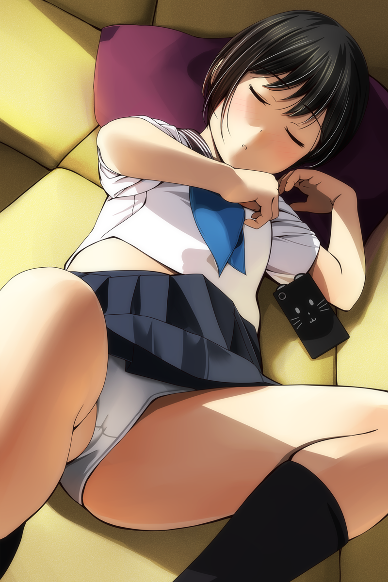 :o bangs black_hair black_legwear black_sailor_collar blue_skirt blush cellphone closed_eyes commentary_request couch eyebrows_visible_through_hair facing_viewer hair_between_eyes hands_up head_tilt highres kneehighs lying matsunaga_kouyou on_back on_couch original panties parted_lips phone pillow pleated_skirt sailor_collar school_uniform serafuku shirt short_hair short_sleeves skirt skirt_lift sleeping solo underwear white_panties white_shirt