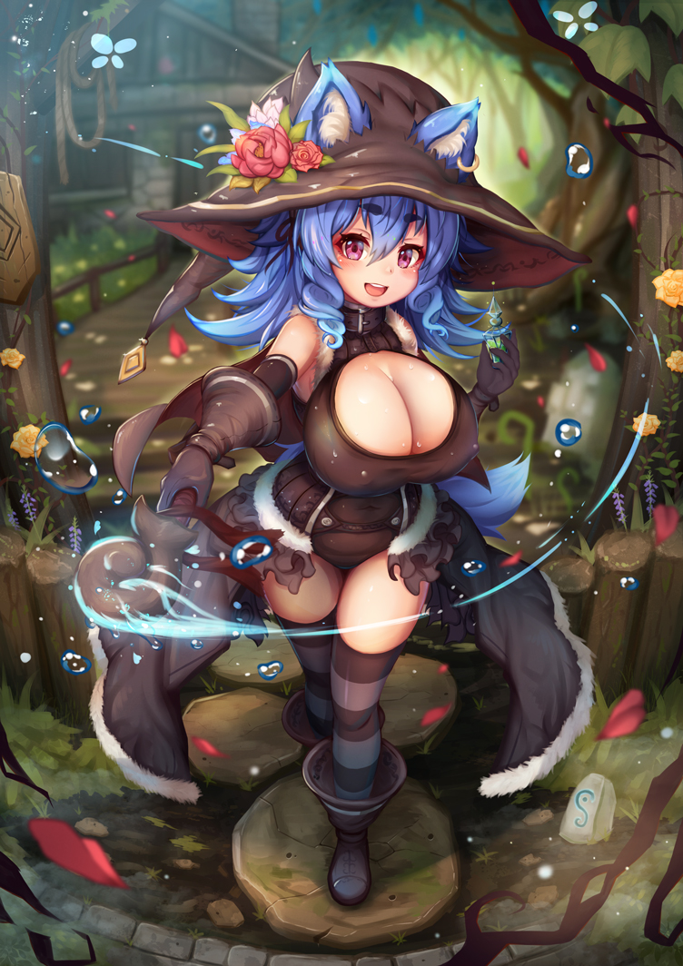 :d ai_gon_deroga animal_ear_fluff animal_ears bare_shoulders blue_hair blurry boots breasts bridge cleavage cleavage_cutout commentary_request depth_of_field ears_through_headwear eyebrows_visible_through_hair flower forest fur_trim gloves hair_between_eyes hat hat_flower house huge_breasts jewelry leather leotard magic md5_mismatch medium_hair nature open_mouth oppai_loli original pink_eyes potion showgirl_skirt single_earring smile solo staff striped striped_legwear tail thighhighs tree water witch witch_hat wolf_ears wolf_tail