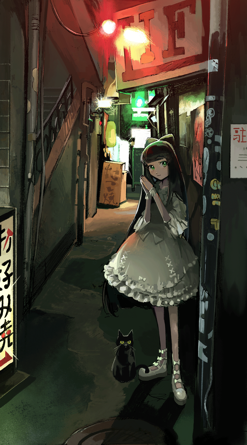 alley bayashiko black_cat black_hair bow box cat closed_mouth commentary_request copyright_request dress green_eyes grey_dress hair_bow hands_clasped hands_together highres lamp long_hair looking_at_viewer night outdoors own_hands_together shoes sign smile solo stairs standing white_footwear
