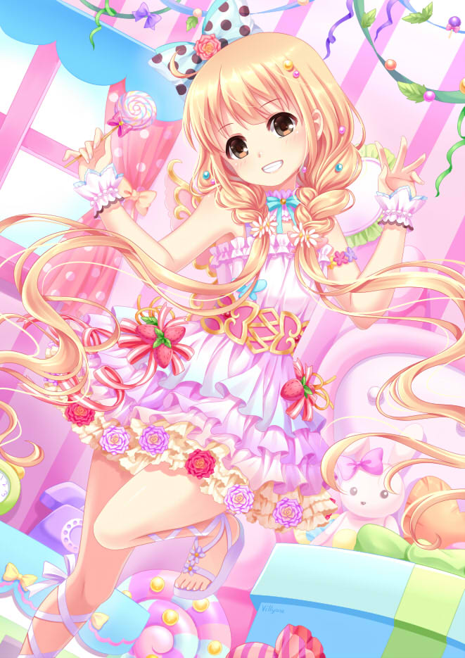 bangs bare_shoulders blonde_hair blue_bow blush bow box brown_eyes candy commentary_request dress eyebrows_visible_through_hair fingernails food futaba_anzu gift gift_box gold_trim grin hair_bow head_tilt holding holding_food holding_lollipop idolmaster idolmaster_cinderella_girls idolmaster_cinderella_girls_starlight_stage indoors layered_dress lollipop long_hair looking_at_viewer low_twintails pastel_colors phone pink_dress pleated_skirt polka_dot polka_dot_bow purple_footwear sandals skirt sleeveless sleeveless_dress smile solo standing standing_on_one_leg striped stuffed_animal stuffed_bunny stuffed_toy swirl_lollipop toenails twintails vertical_stripes very_long_hair villyane window wrist_cuffs