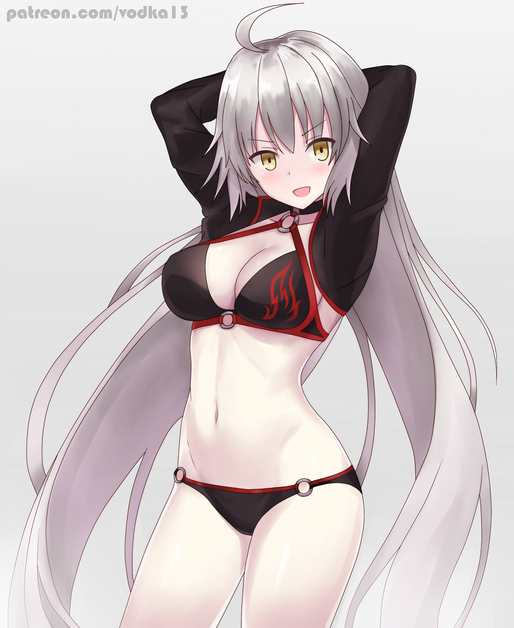 :d ahoge arms_behind_head arms_up artist_name bangs bikini black_bikini black_choker blush breasts choker cleavage collarbone cowboy_shot eyebrows_visible_through_hair fate/grand_order fate_(series) flame_print grey_background grey_hair groin hair_between_eyes head_tilt highres jeanne_d'arc_(alter_swimsuit_berserker) jeanne_d'arc_(fate)_(all) large_breasts long_hair looking_at_viewer navel o-ring o-ring_bikini o-ring_bottom o-ring_top open_mouth pale_skin patreon_username print_bikini shiny shiny_hair shrug_(clothing) sidelocks simple_background smile solo standing stomach swimsuit v-shaped_eyebrows very_long_hair vodka13 watermark web_address yellow_eyes
