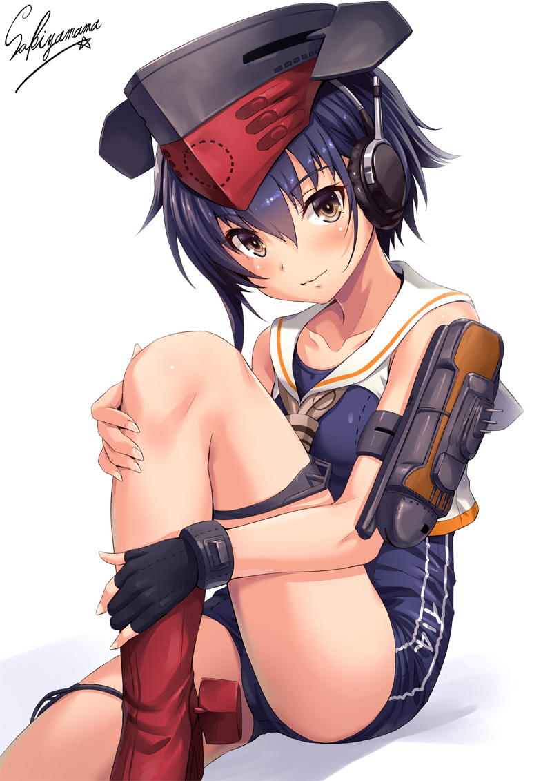 artist_name ass asymmetrical_hair bangs bare_shoulders black_gloves blue_hair blue_swimsuit boots breasts brown_eyes brown_neckwear cannon closed_mouth collarbone commentary_request crop_top eyebrows_visible_through_hair fingernails framed_breasts gloves hands_on_own_leg hat head_tilt headset i-14_(kantai_collection) kantai_collection knee_boots knee_up looking_at_viewer machinery neckerchief one-piece_swimsuit partly_fingerless_gloves red_footwear sailor_collar sakiyamama school_swimsuit short_hair side_ponytail simple_background single_glove sleeveless small_breasts smile solo swimsuit thigh_strap thighs turret white_background