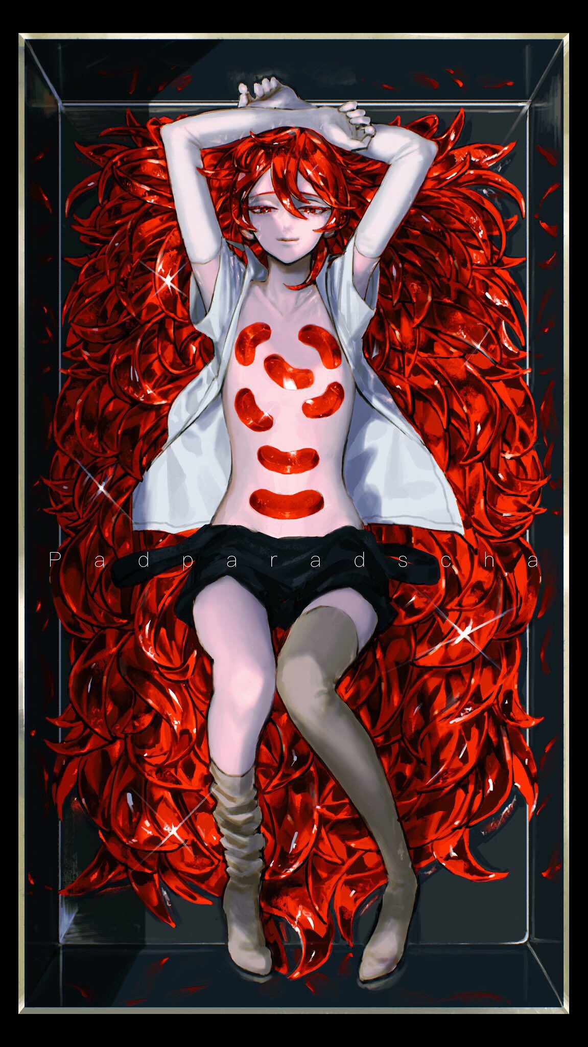 androgynous box character_name colored_eyelashes crystal_hair elbow_gloves gem_uniform_(houseki_no_kuni) gloves highres houseki_no_kuni kattatsu_(aadg7828) long_hair looking_at_viewer lying on_back open_clothes open_shirt padparadscha_(houseki_no_kuni) protected_link red_eyes red_hair smile solo sparkle thighhighs very_long_hair wavy_hair